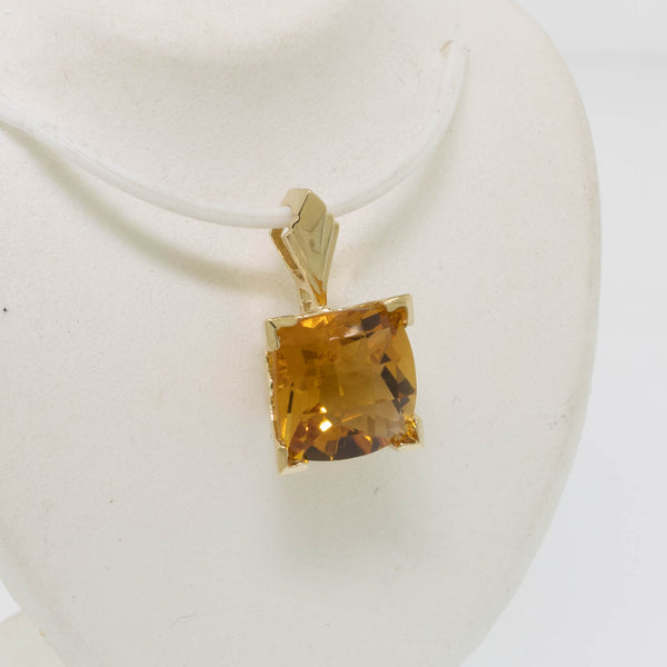14K Yellow Gold Checkerboard Cushion Cut Citrine 10mm Preowned Jewelry