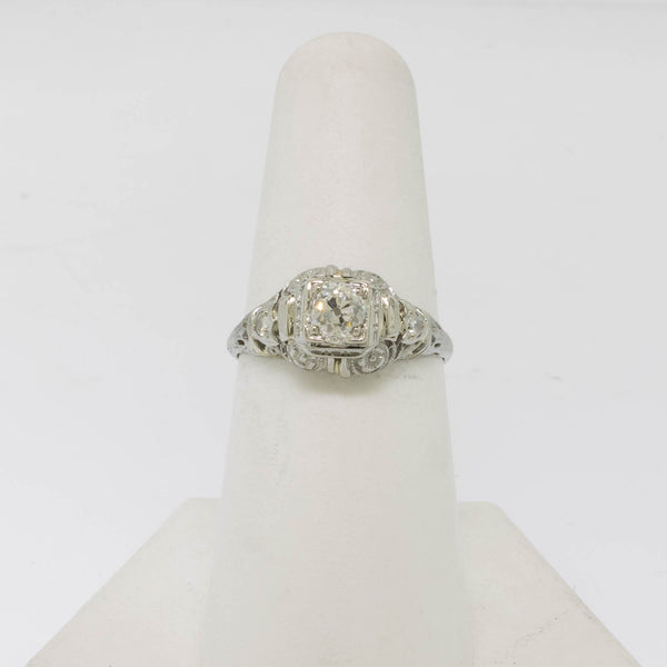 18K White Gold Old Mine Cut Diamond (~.64 center) Filigree Ring Size 7 Preowned