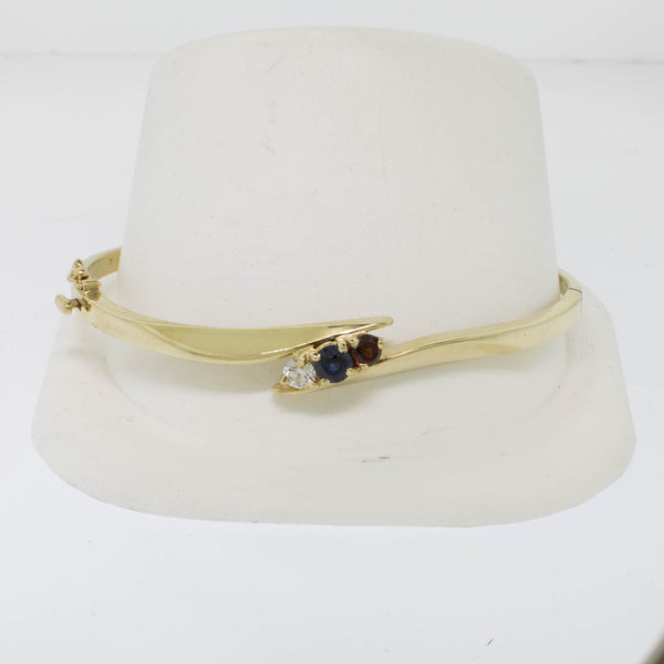 14K Yellow Gold 7.5" Bangle Bracelet w Garnet, Sapphire and Diamond (Preowned)