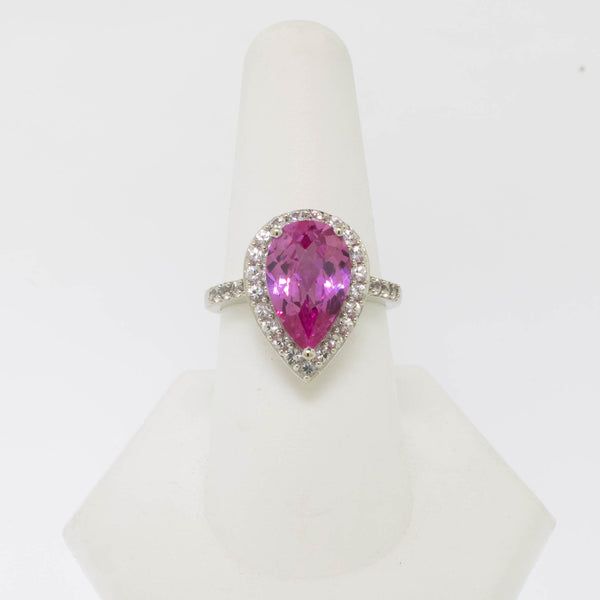 10K White Gold Imitation Pink and Clear Stone Ring Size 8 (Estate Ring)
