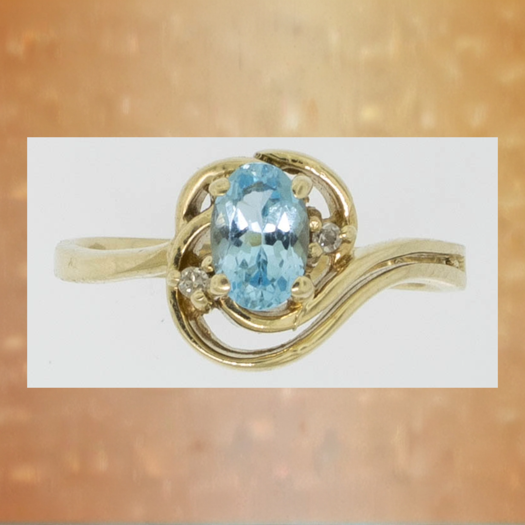 10k Solid retailer Gold Blue Topaz And Diamonds Ring