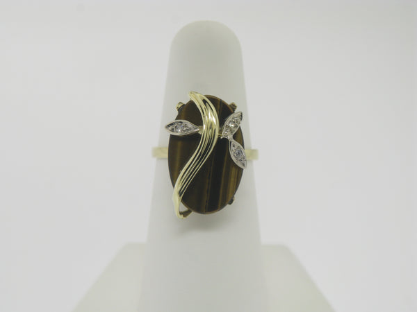 14K Yellow Gold Tiger's Eye and Diamond Ring Size 5.5 (Estate Jewelry)