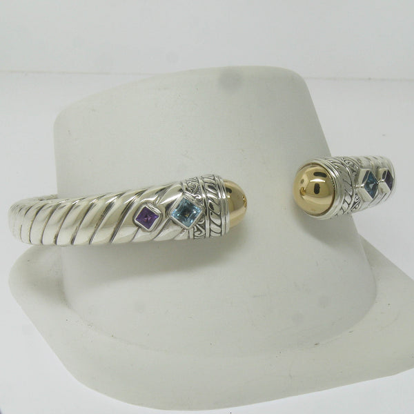 Pre-Owned Robert Manse Silver 18K Gold Hinged Bangle with Blue & Purple Stones