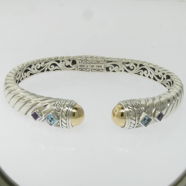 Pre-Owned Robert Manse Silver 18K Gold Hinged Bangle with Blue & Purple Stones