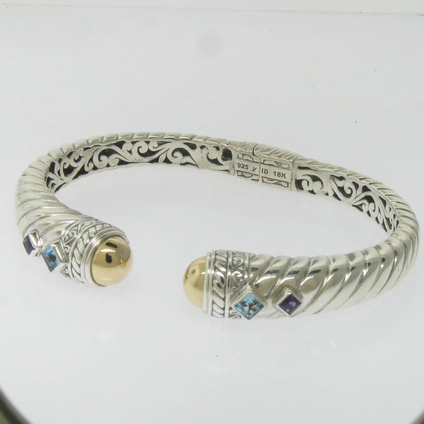 Pre-Owned Robert Manse Silver 18K Gold Hinged Bangle with Blue & Purple Stones