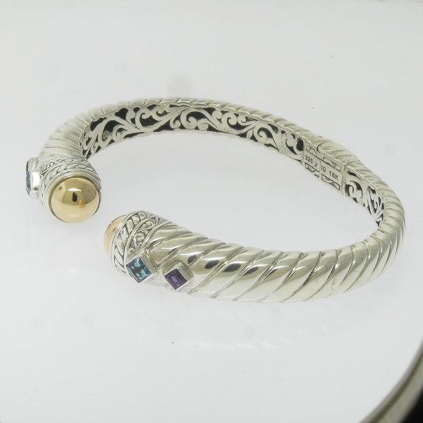 Pre-Owned Robert Manse Silver 18K Gold Hinged Bangle with Blue & Purple Stones