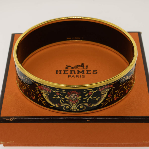 Hermes 8" Enamel Bangle Bracelet Gold-Plated Black Background Preowned Jewelry