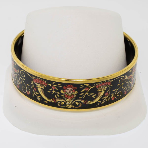 Hermes 8" Enamel Bangle Bracelet Gold-Plated Black Background Preowned Jewelry