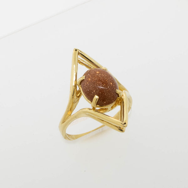 18K Yellow Gold Goldstone Statement Geometric Ring Size 6 Preowned Jewelry