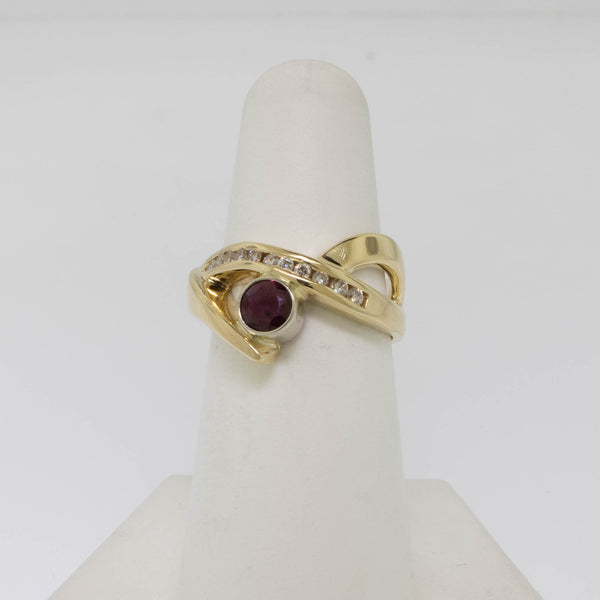 14K Yellow/White Gold Bezel Ruby and Diamond Ring Size 6.5 Preowned Jewelry