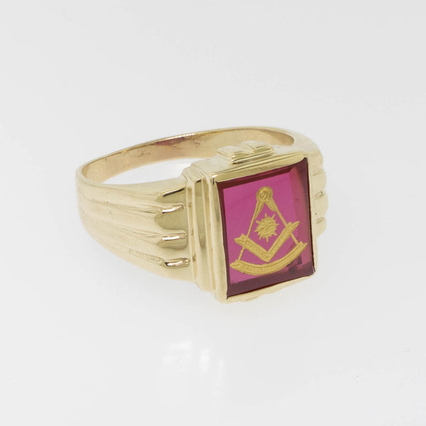 10K Yellow Gold Masonic Ring with Red Stone Size 10.75 Preowned Jewelry