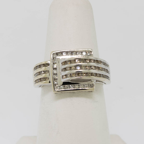 10K White Gold ChannelSet Diamond Ring Buckle .75cttw Size 6.25 Preowned Jewelry
