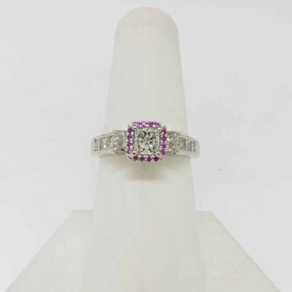 14K White Gold Diamond Ring with Ruby Halo Size 7 Preowned Jewelry