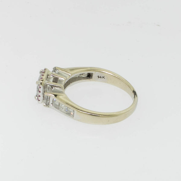 14K White Gold Diamond Ring with Ruby Halo Size 7 Preowned Jewelry