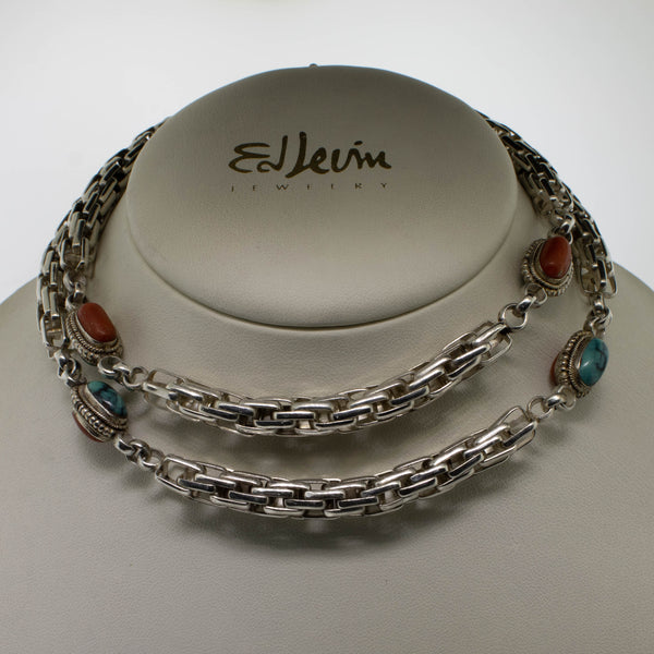 Sterling Silver Endless 26" Turquoise and Coral Necklace Preowned Jewelry