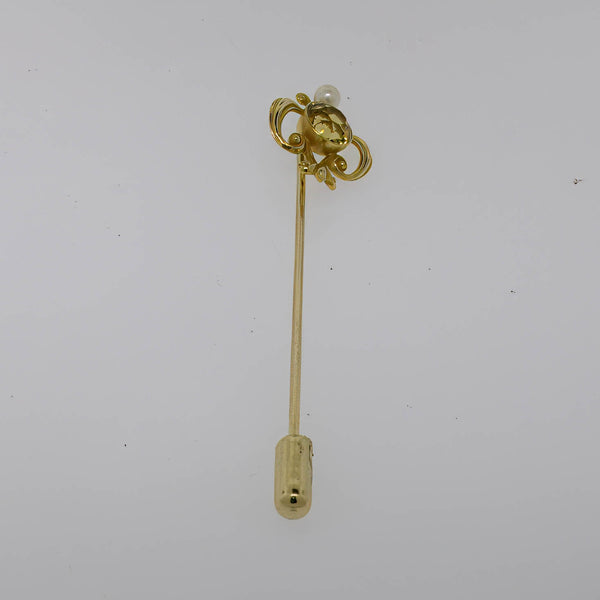 14K Yellow Gold Yellow Citrine (6.25mm) and Pearl Stick Pin Preowned Jewelry