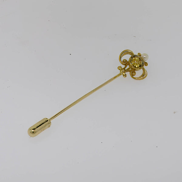 14K Yellow Gold Yellow Citrine (6.25mm) and Pearl Stick Pin Preowned Jewelry