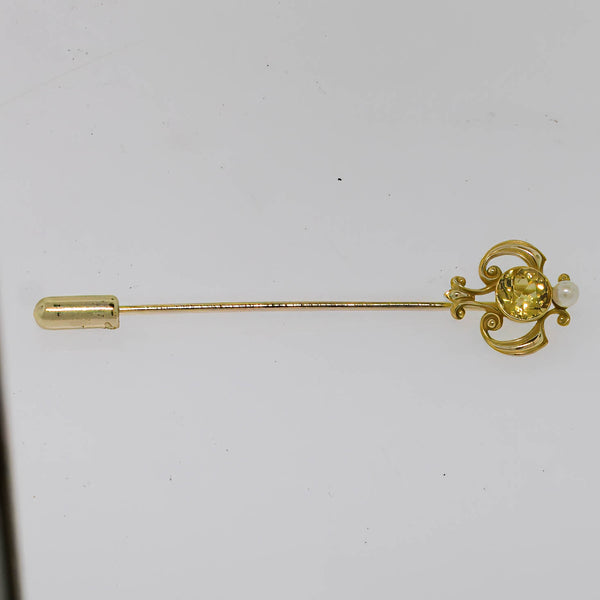 14K Yellow Gold Yellow Citrine (6.25mm) and Pearl Stick Pin Preowned Jewelry