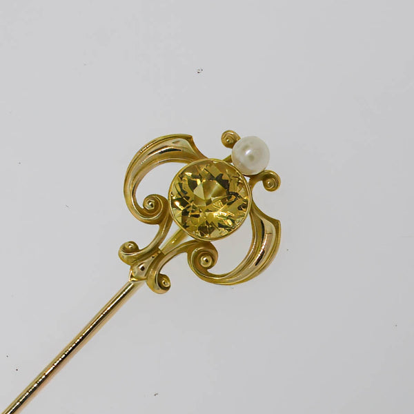 14K Yellow Gold Yellow Citrine (6.25mm) and Pearl Stick Pin Preowned Jewelry