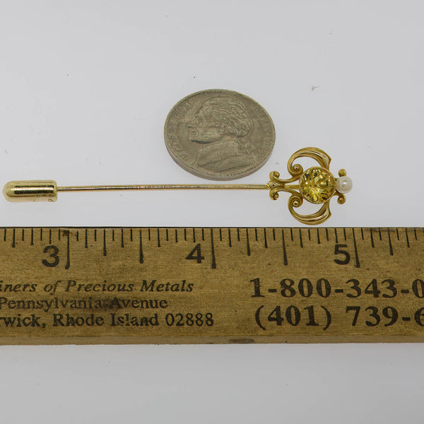 14K Yellow Gold Yellow Citrine (6.25mm) and Pearl Stick Pin Preowned Jewelry