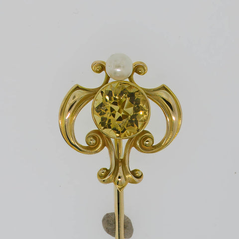 14K Yellow Gold Yellow Citrine (6.25mm) and Pearl Stick Pin Preowned Jewelry