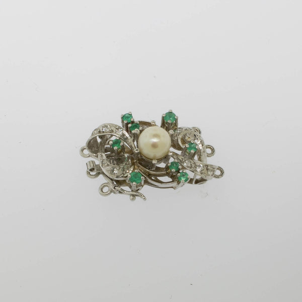 Preowned 18K White Gold 3-Strand Pearl Clasp with Emeralds and White Stones