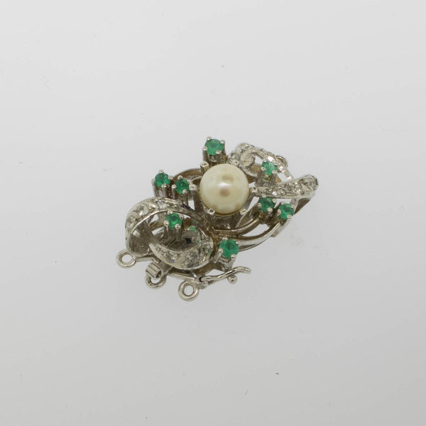 Preowned 18K White Gold 3-Strand Pearl Clasp with Emeralds and White Stones