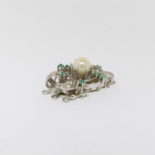 Preowned 18K White Gold 3-Strand Pearl Clasp with Emeralds and White Stones