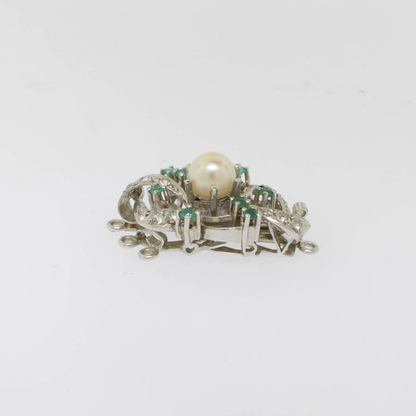 Preowned 18K White Gold 3-Strand Pearl Clasp with Emeralds and White Stones