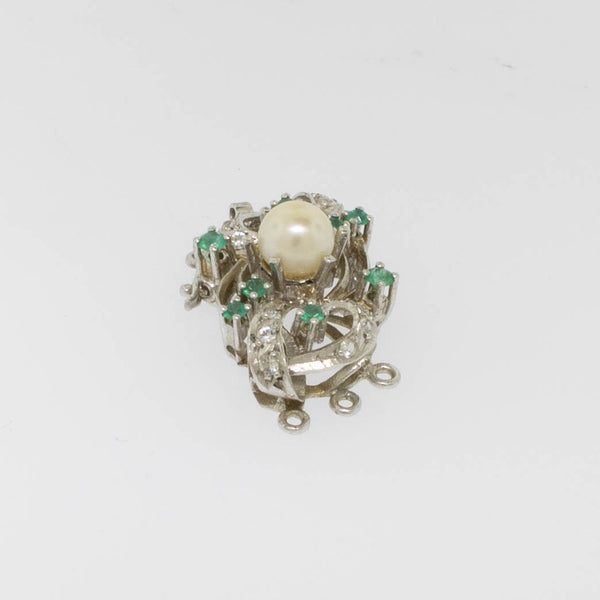 Preowned 18K White Gold 3-Strand Pearl Clasp with Emeralds and White Stones