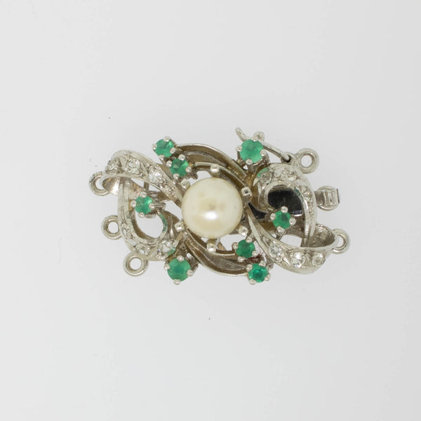 Preowned 18K White Gold 3-Strand Pearl Clasp with Emeralds and White Stones