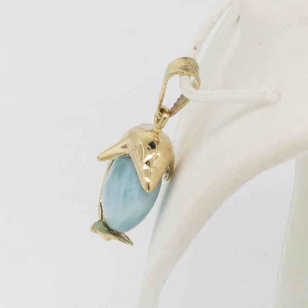 14K Yellow Gold Larimar Stone Inside of Dolphin Pendant Preowned Jewelry