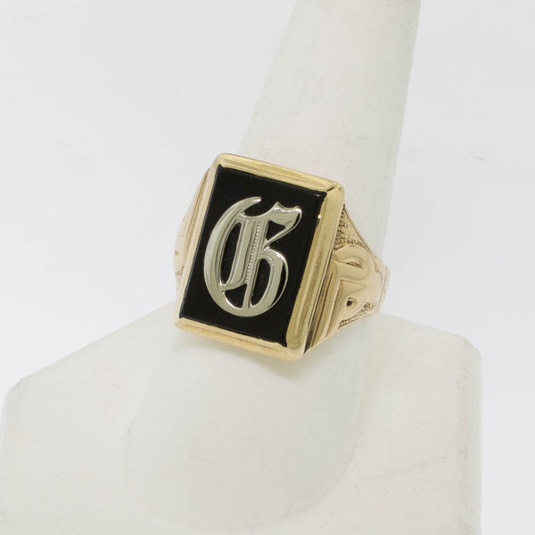 10K Yellow Gold Onyx Initial Ring Old English 'G' Men's Ring Preowned Jewelry