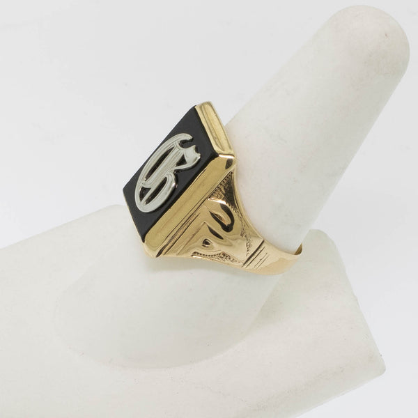 10K Yellow Gold Onyx Initial Ring Old English 'G' Men's Ring Preowned Jewelry