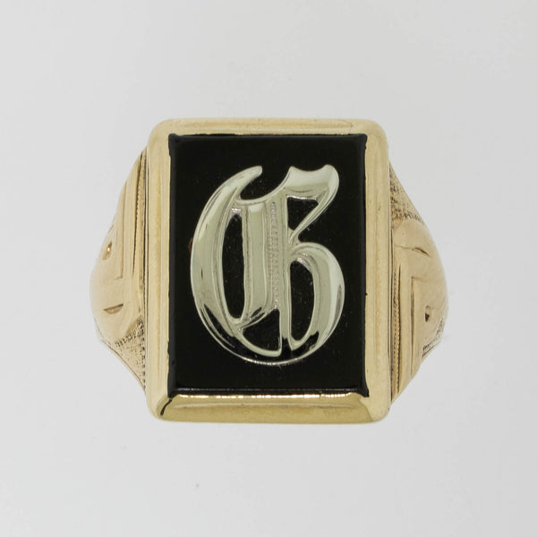 10K Yellow Gold Onyx Initial Ring Old English 'G' Men's Ring Preowned Jewelry