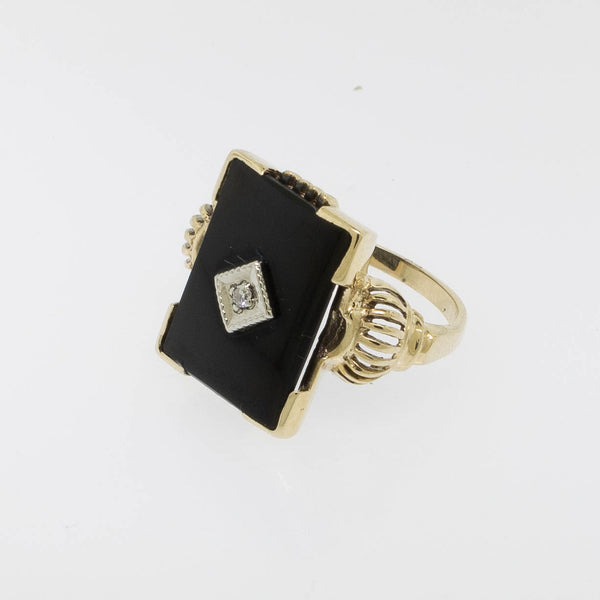 10K Yellow Gold Onyx Diamond (.02ct) Ring Size 5.5 Preowned Jewelry