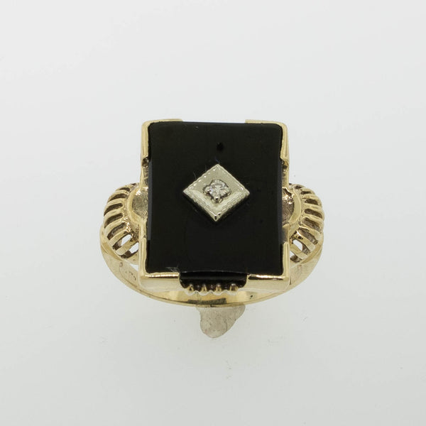 10K Yellow Gold Onyx Diamond (.02ct) Ring Size 5.5 Preowned Jewelry