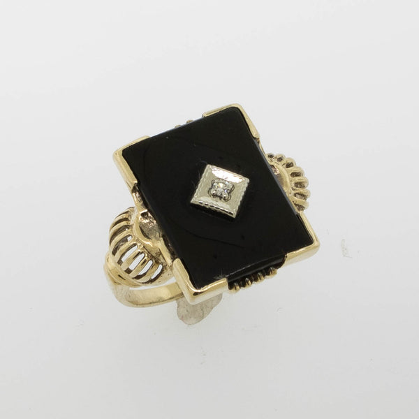 10K Yellow Gold Onyx Diamond (.02ct) Ring Size 5.5 Preowned Jewelry