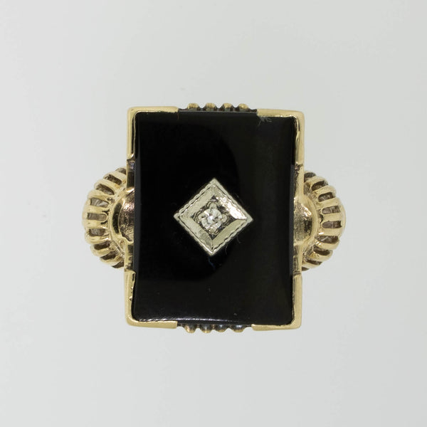 10K Yellow Gold Onyx Diamond (.02ct) Ring Size 5.5 Preowned Jewelry