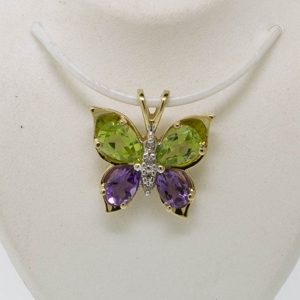 Preowned 14K Yellow Gold Peridot, Amethyst & Diamond Butterfly Pendant