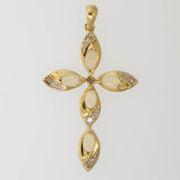 Preowned 14K Yellow Gold Cross Pendant with Marquise Opals & Diamonds