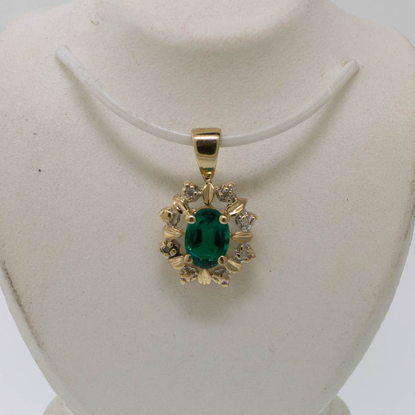 Preowned 14K Yellow Gold Pendant with Oval Synthetic Green Stone and Diamonds