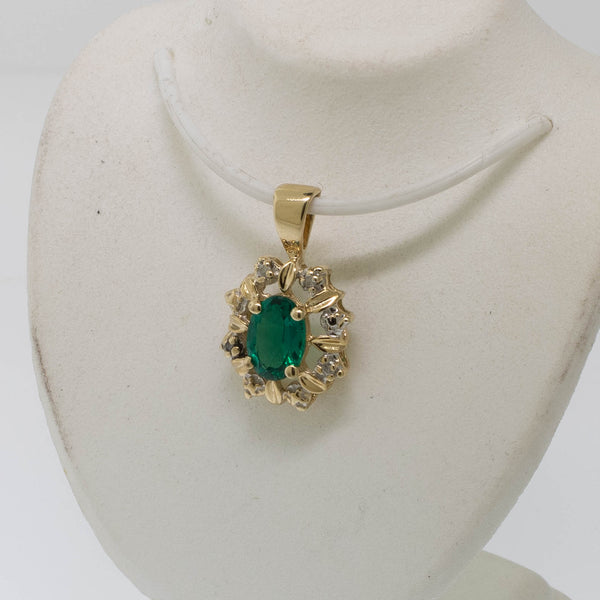 Preowned 14K Yellow Gold Pendant with Oval Synthetic Green Stone and Diamonds