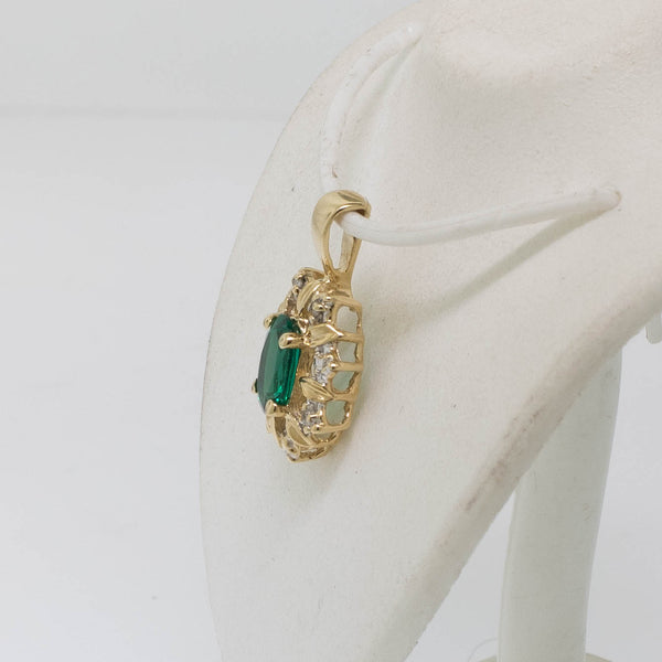 Preowned 14K Yellow Gold Pendant with Oval Synthetic Green Stone and Diamonds