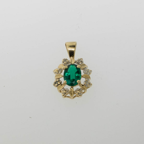 Preowned 14K Yellow Gold Pendant with Oval Synthetic Green Stone and Diamonds