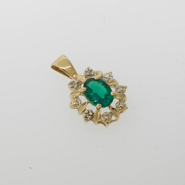 Preowned 14K Yellow Gold Pendant with Oval Synthetic Green Stone and Diamonds