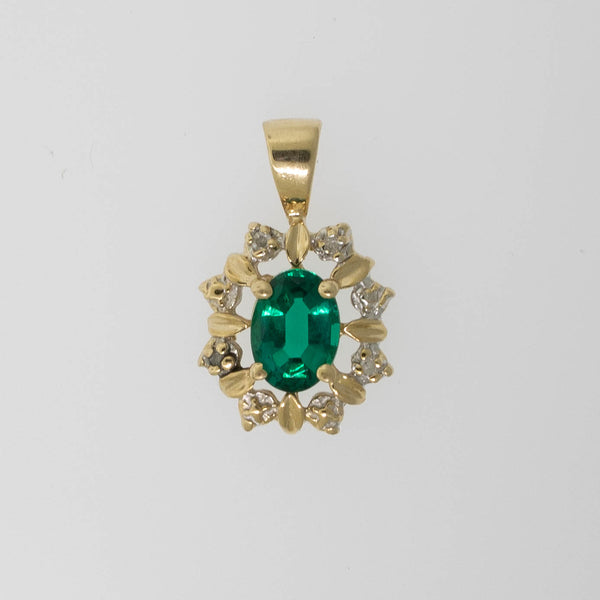 Preowned 14K Yellow Gold Pendant with Oval Synthetic Green Stone and Diamonds