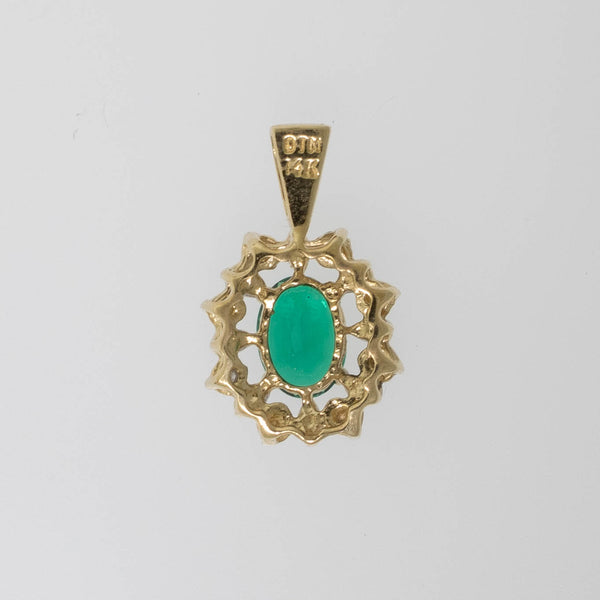 Preowned 14K Yellow Gold Pendant with Oval Synthetic Green Stone and Diamonds