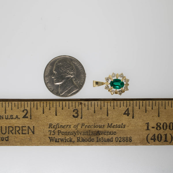 Preowned 14K Yellow Gold Pendant with Oval Synthetic Green Stone and Diamonds