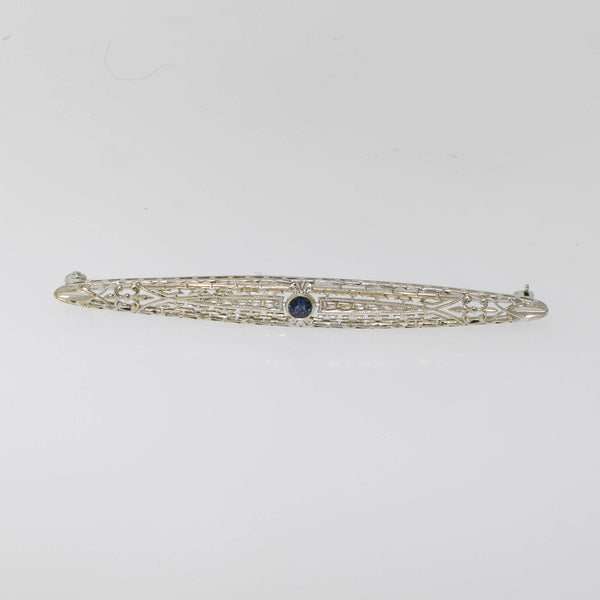 Preowned 14K White Gold Filigree Pin with Sapphire - 63.5mm Long